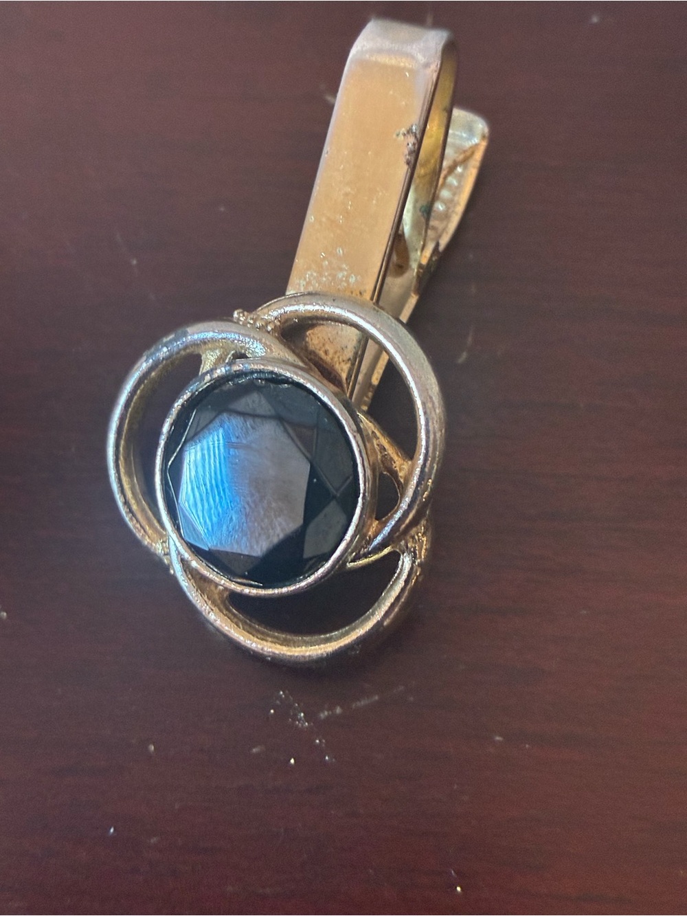 Vintage Emmons Gold Tone Tie Clip with Black Faceted Stone Mid Century